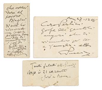 PUCCINI, GIACOMO. Group of 5 Autograph Notes Signed, GPuccini, to Adolfo Pertici, in Italian, including three postcards,